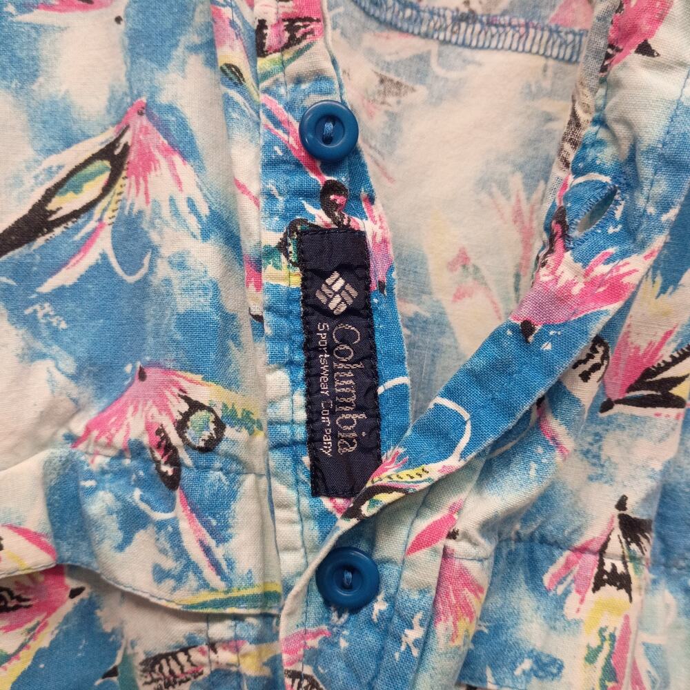 Vintage Columbia Sportswear Fishing Shirt Men XL Made USA Fly Lures AOP PFG Blue - Picture 6 of 8